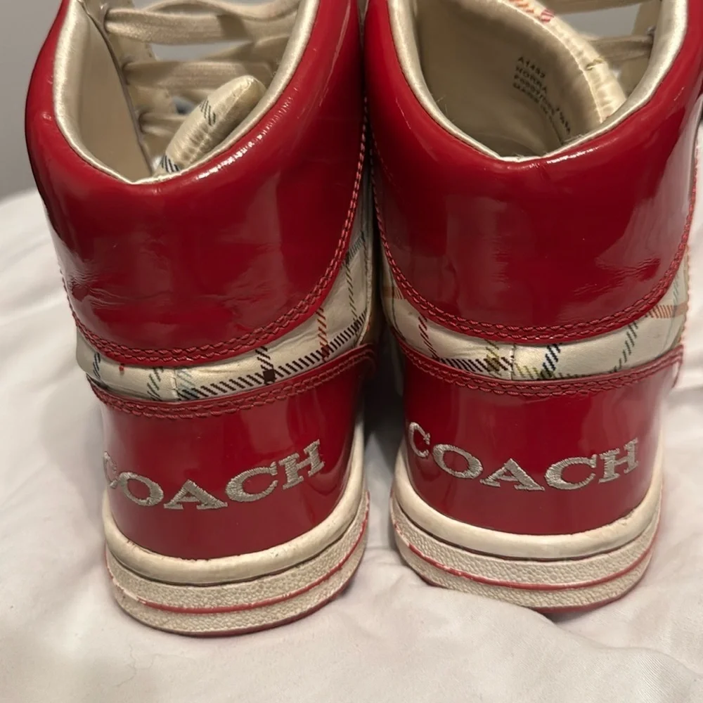 Coach Nora Tattersall 7.5 Pink Raspberry and Yellow Plaid Vegan Leather High Top